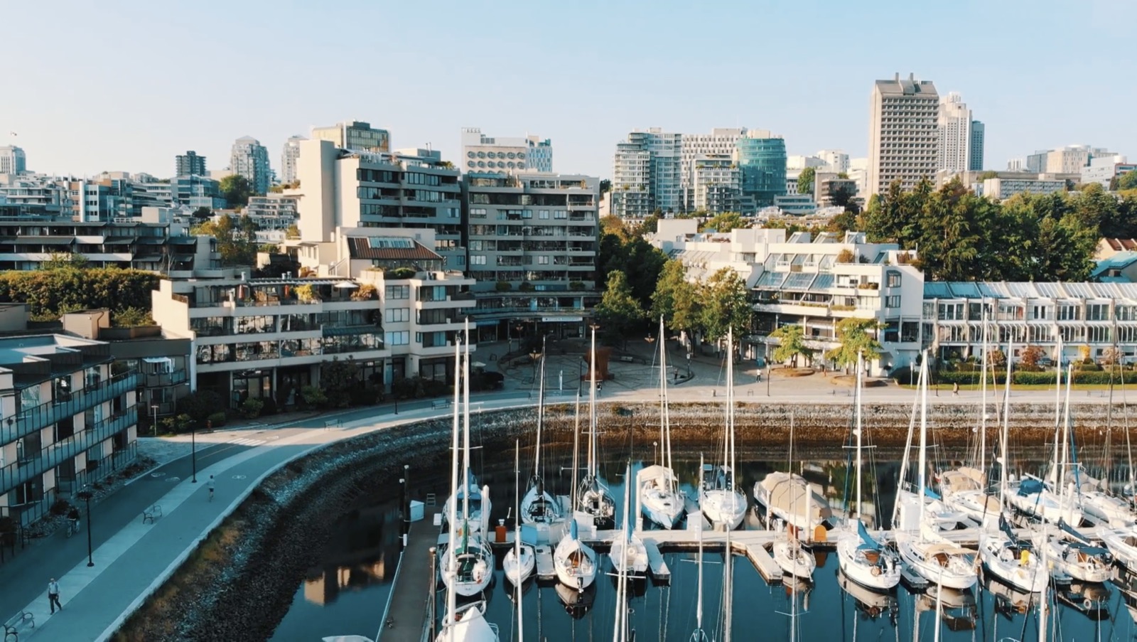 Aerial view of the False Creek and Olympic Village marina in Vancouver, near Envision Physiotherapy's False Creek clinic
